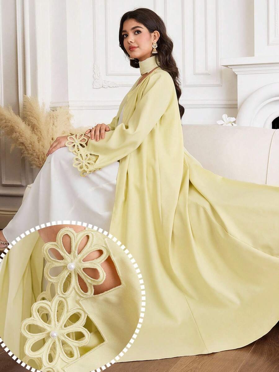 Al Najma Women's Floral Hollow Design Long Sleeve Elegant Abaya - Yellow - View 1