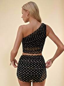 Glamine Women's Elegant Party Evening Mesh Polka Dot Print Top And Bottom Vest Camisole Bikini Set Set, Suitable For Summer Beach - Black and White - View 2