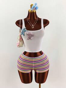Amplova Beach Vacation Outfit - 3D Star Decor Mesh Tank Top & Colorful Striped Shorts Set For Women Two Piece Spring Set Festival Two Piece Outfit Summer 2 Piece Set Beach 2 Piece Set - Multicolor - View 2
