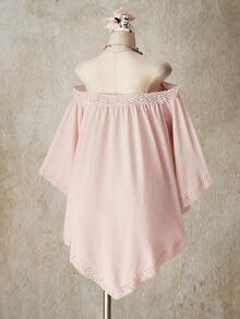 SHEIN ICON 加大码露肩蕾丝边薄纱沙滩罩衫，杏色波西米亚风度假罩衫 - 杏色 - 查看 11