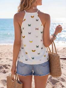 Sylviya Top de tirantes con estampado de mariposa, informal para vacaciones de verano - Beis - Ver 2