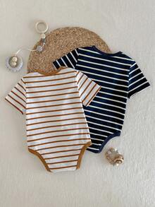 Loomiva 2pcs Baby Boy Cartoon Bear Print Striped Round Neck Short Sleeve Romper Set - Multicolor - View 2
