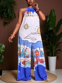 Veslaya Bộ jumpsuit ống rộng không tay in họa tiết hình học cỡ lớn Slayr, phong cách thường ngày cho kỳ nghỉ. - Màu xanh lam - Xem 14