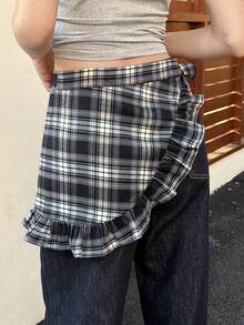 DAZY 女士格子裹身系带短款荷叶边休闲迷你裙 - 彩色 - 查看 3