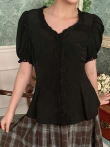 DAZY Tween Girl Solid Color V-Neck Lace Casual Versatile Daily Wear Petal Sleeve Blouse - Black - View 2