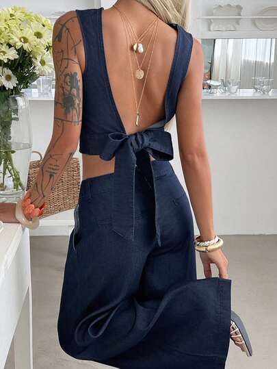 Livesso Women's Round Neck Backless Tie-Knot Cropped Sleeveless Top And Wide-Leg Jeans Casual Suit