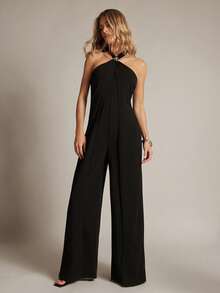 Hauture Women's Halter Neck Flyaway Panel Stretch Jumpsuit With Hardware Trim - Black - View 4