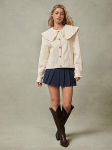 WESTFADE Oversized Ruffle Collar Button Front Relaxed Fit 100% Cotton Twill Jacket - Cream - View 4