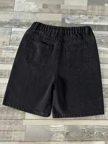 Tween Boy Pocketed Button Rhinestone Casual Versatile Daily Wear Washed Denim Shorts - Black - View 2