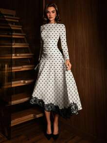 NOVVYNE Women's Round Neck Pleated Waist Black Lace Patchwork Elegant Romantic Minimalist Midi Dress - Black and White - View 4