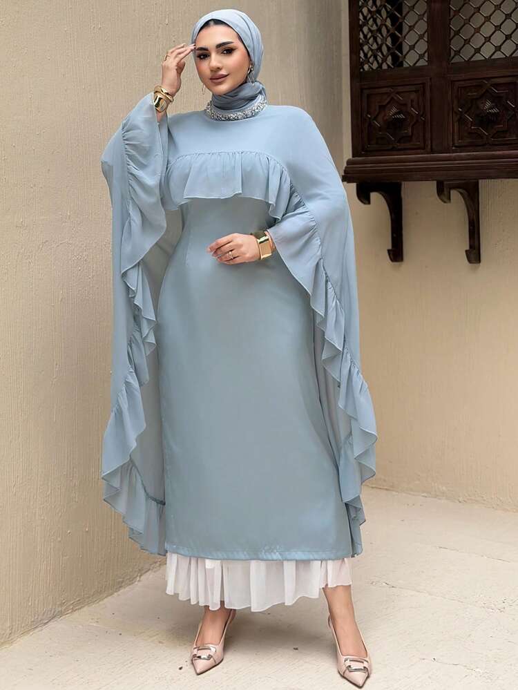 Dazy Plus Plus Size Contrast Color Patchwork Elastic Bodycon Dress With Ruffle Shawl Collar, Party Formal Dress Maxi Dress Sundress