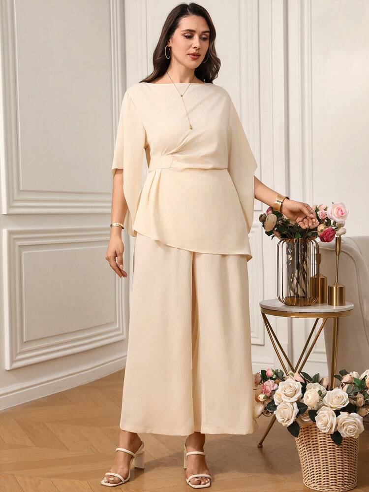 Plus Size Women's Champagne Color Elegant Top And Pants Set, Suitable For Wedding, Party, Commute, Spring/Summer, Summer Outfits,Pring Clothes Women,Weddings & Events,Elegant Women's Set,Formal Attire For Women,Spring Clothes Women,Elegant Women's Set,Graduation Outfit For Mother,Party Outfit ,Weddings & Events,Work Outfits For Women