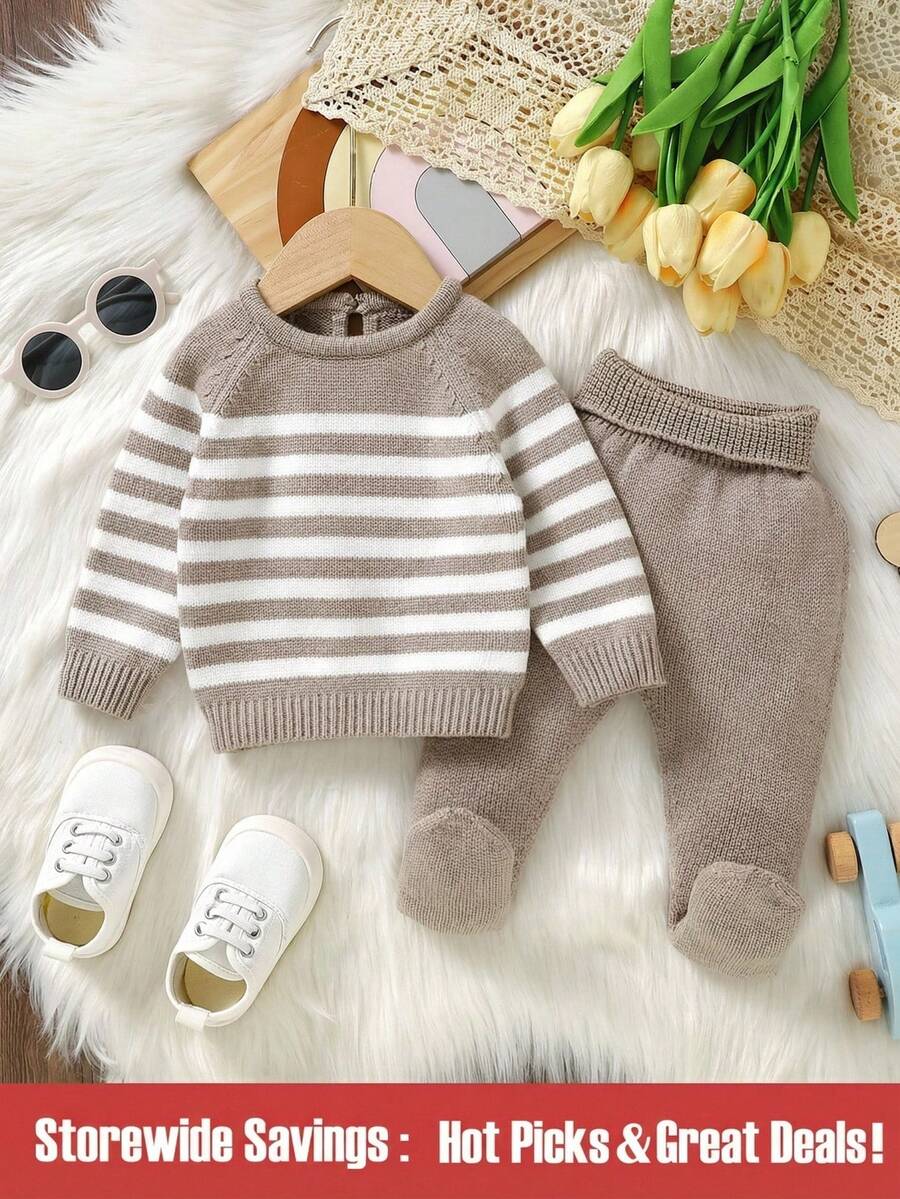 SHEIN Baby Girl Striped Pattern Raglan Sleeve Sweater & Footed Knit Pants - Khaki - View 1