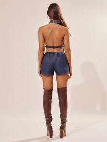 Radiana 两件套性感休闲复古牛仔套装，露背吊带上衣+低腰超短裤，深蓝色牛仔套装，西部牛仔风格，适合乡村音乐节、休闲外出、派对、夜店、夜生活、嘉年华、音乐节、演唱会等场合。 - 藏蓝色 - 查看 2