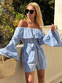 DAZY Women's Casual Striped Off-Shoulder Jumpsuit With Belt, Spring/Summer - Blue - View 1