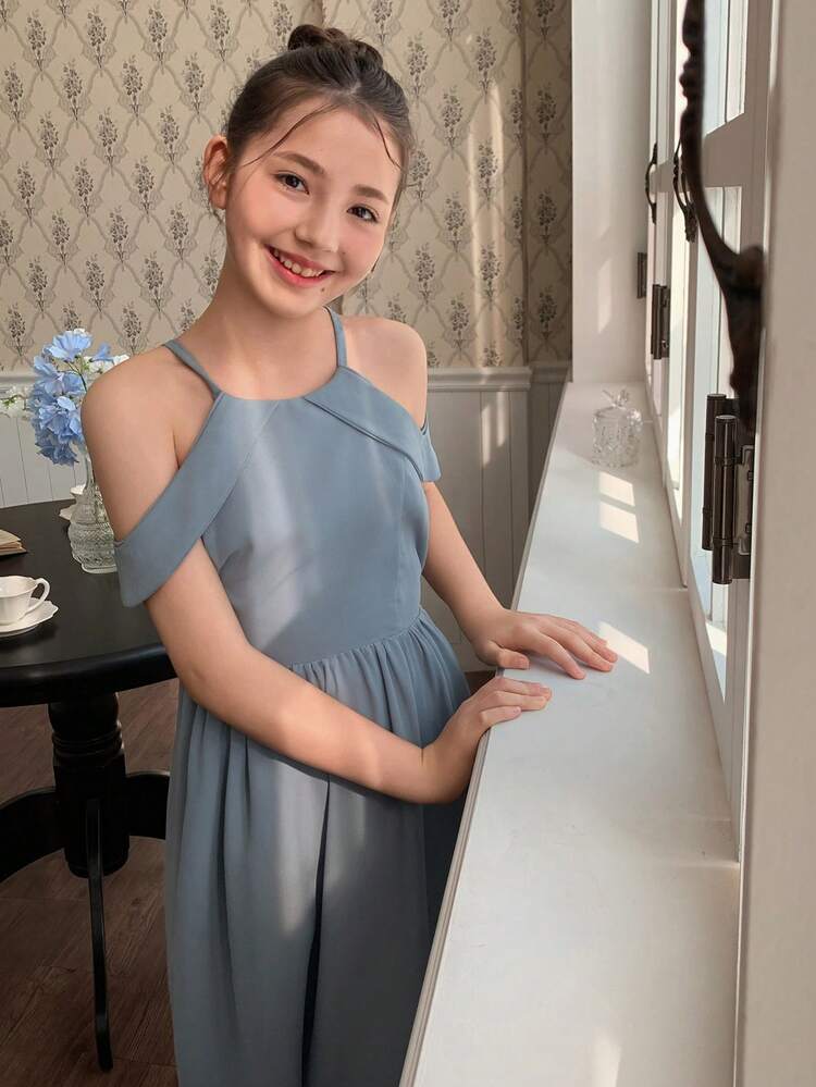 Tween Girl Elegant Vacation Party Banquet Minimalist Solid Color Cold Shoulder Waist Cinched Dress