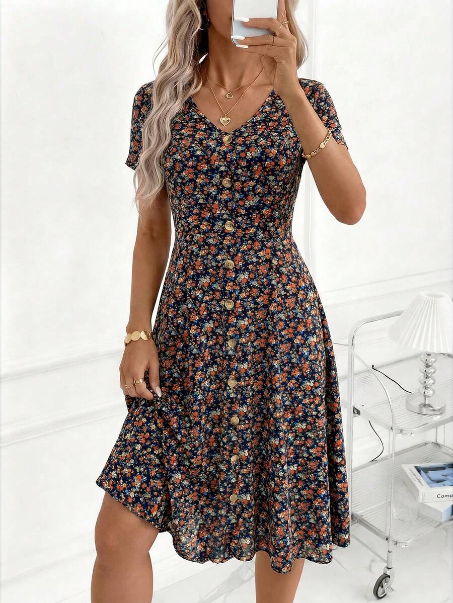 SHEIN Clasi 女士极简印花短袖中长连衣裙 - 彩色 - 查看 1