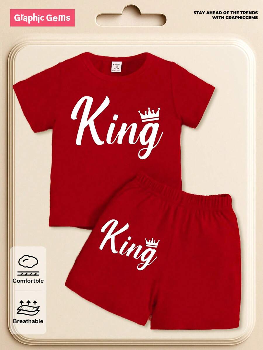 SHEIN GraphicGems 男婴休闲时尚创意简约字母“King”印花T恤短裤套装，男婴服装，男婴两件套，男婴国王套装，红色套装，男婴两件套 - 紅色 - 查看 1