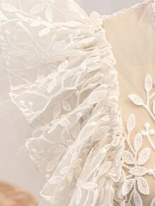 Teen Girl Elegant Party Embroidered Mesh Patchwork Ruffle Hem Dress - Apricot - View 3