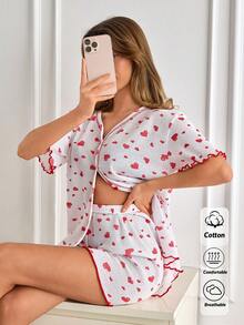 SHEIN %100 Cotton Button Detailed Heart Print With Lettuce Trim Casual 2 Pieces Pajama Set - White - View 1