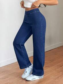 SHEIN Tall 春夏女士休闲日常时尚超弹力针织牛仔面料，交叉腰带设计，适合运动健身，V腰直筒牛仔裤 - 深色水洗藍 - 查看 7