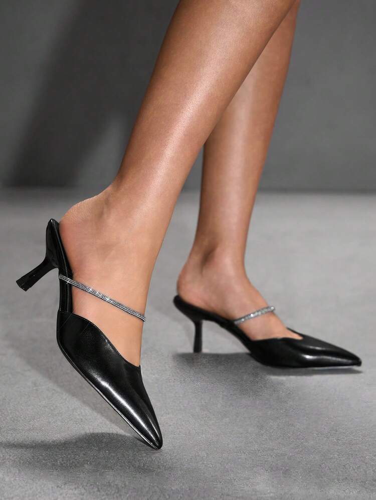 CUCCOO SZL Women's Pointed Toe Rhinestone Decor Elegant High Heel Mules Spring Shoes