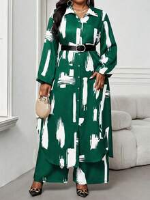 SHEIN Lady Chemise tressée élégante et décontractée à manches évêque avec poches, manches longues, grande taille, convient pour le printemps, l'été, l'automne et l'hiver. Tenue de bureau élégante pour les navetteurs, grande taille. Vêtements d'été pour femmes, tenue de vacances. Tenue de vacances pour femmes en deux pièces. Vêtements d'été, tenue de printemps pour femmes. Ensembles de sport pour femmes, tenues décontractées pour femmes en 2 pièces - Vert - Voir 4
