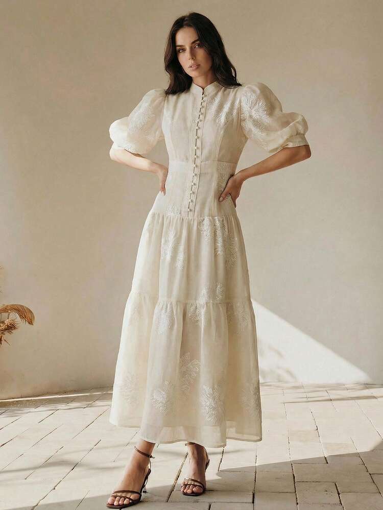 Women's Mandarin Collar Petal Sleeve Embroidered Flare Hem Elegant Dress
