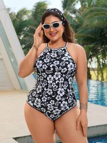 Swim Lushoire Plus Size Women Summer Beach Floral Print Tankini Top And Triangle Tankini Bottom Swimwear Set - Black and White - View 4