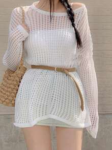DAZY Bohemian Style Hollow Out Long Sleeve Knitted Cover Up, Design-Focused Women Sweater - White - View 2