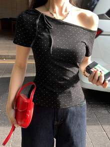 DAZY Women's Polka Dot Print Asymmetric Neck Tie Short Sleeve T-Shirt Summer - Black - View 2