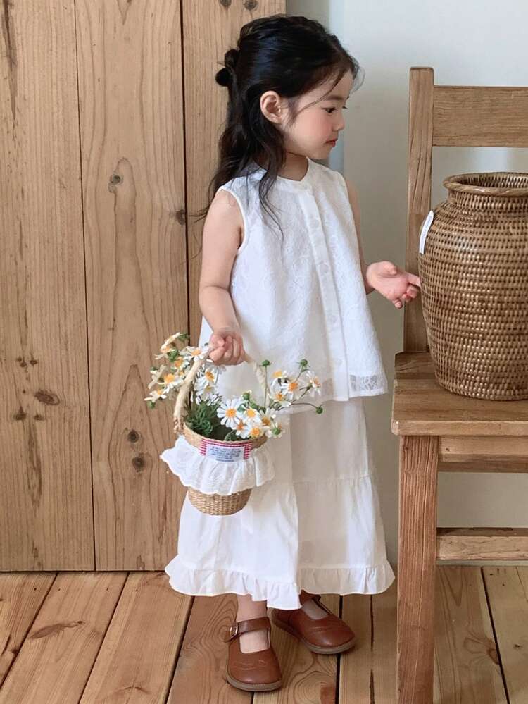 Toddler Girls' Lace Skirt & Sleeveless Shirt Set, Spring/Summer Korean Style