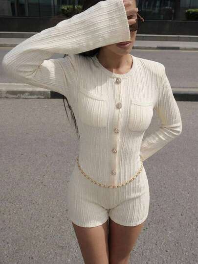 Poéselle Women's Elegant Solid Color Long Sleeve Jumpsuit,Elegant White Knit Long Sleeve Romper For Women, Button Up Playsuit With Chain Belt, Summer And Spring Party Outfit, Vacation Look, Casual Jumpsuit, Clubwear, Holiday Style,French-Style