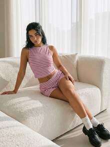 Sweetina Women Striped Round Neck Cropped Tank Top And Shorts 2 Pieces Casual Set - Red - View 6