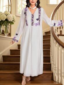 Yasmyna Đầm nữ cổ chữ V thêu hoa và bướm, dáng rộng thoải mái, kiểu Ả Rập, thích hợp cho tiệc tùng và đi chơi. - trắng - Xem 8