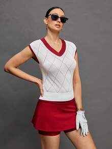 Activina Women's V-Neck Golf & Tennis Sports Sweater With Contrast Trim - Red and White - View 5