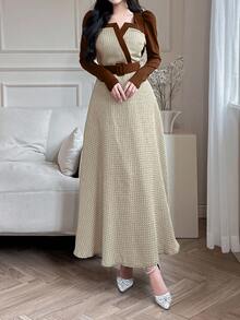 Feyla Women's Long Sleeve Long Dress, Minimalist Fashion Casual Everyday Wear Long Evening Dresses - Brown - View 4