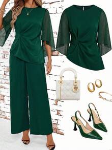 Ellevyn Romantic Elegant Chiffon Sleeve Collared Blouse - Green - View 1