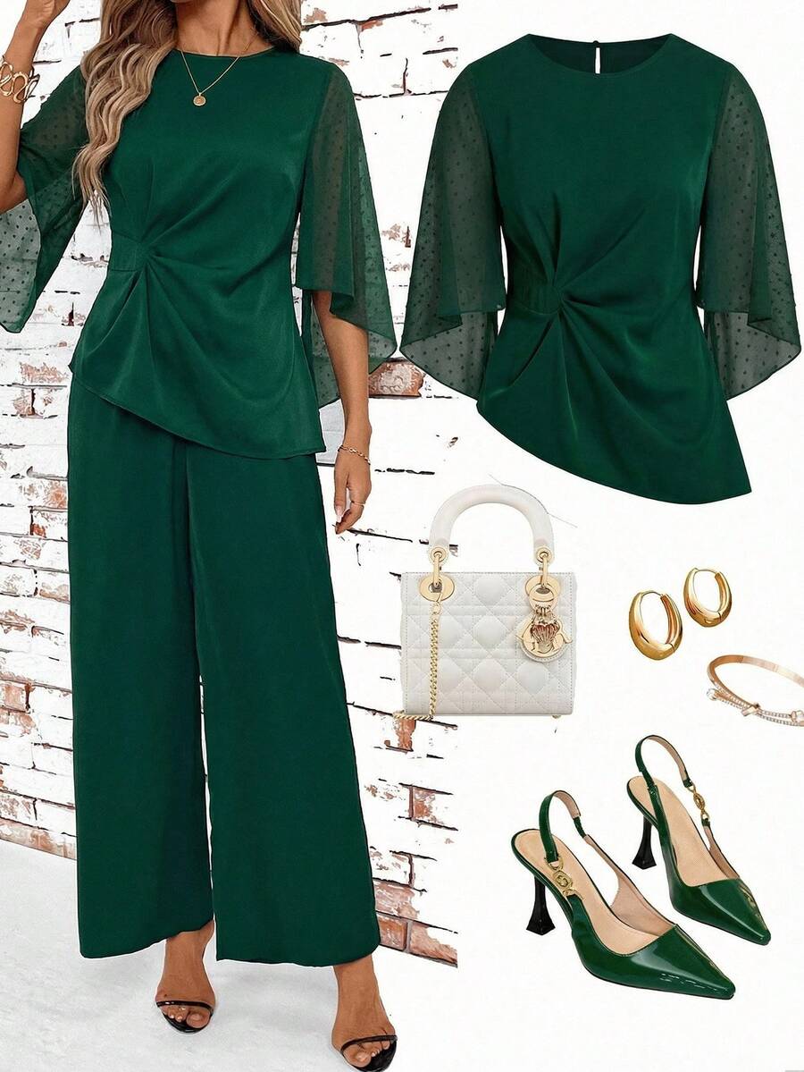 Ellevyn Romantic Elegant Chiffon Sleeve Collared Blouse - Green - View 1
