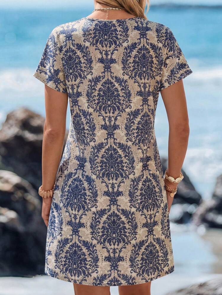 Summer Women's Notch V-Neck Drop Shoulder Short Sleeve A-Line Flower Printed Casual Vacation Dress,Spring Floral Dress Casual Dress Beach Fall Dresses Button Down Dress,Summer Dresses For Women,Vacation