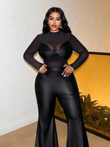 Slaydiva 春夏秋冬新款优雅通勤、休闲外出、聚会、约会、晚宴、万圣节、情人节修身纯色黑色网纱透视弹力针织面料黑色PU扭结胸部装饰加大码连体裤 - 黑色 - 黑色 - 查看 6