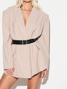 KIZN 女士系带长袖V领迷你西装连衣裙，带纽扣细节，适合工作和鸡尾酒会场合 - 卡其色 - 查看 5