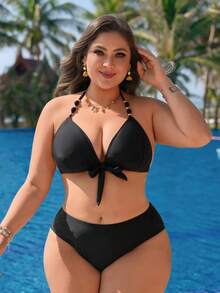 Swim Lushoire ملابس علوية ملابس السباحة للنساء بياقة مثلث أسود، مناسب للشاطئ والصيف، مقاس كبير - الأسود - مشاهدة 4