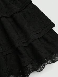Sweetra Sweet Contrast Lace Elastic Waist Double-Layer Skirt, Elegant Vacation Summer Women Outfit - Black - View 7