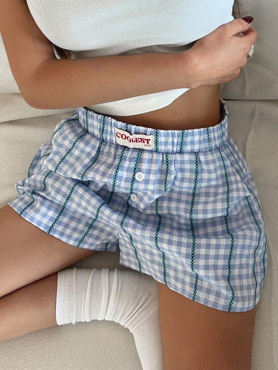 DAZY 女款格紋字母裝飾寬鬆短褲睡衣下身,夏季睡褲 - 灰色 - 查看 1