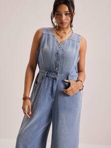 Freevana 大码女式V领纽扣前口袋阔腿休闲无袖牛仔连体裤 - 藍色 - 查看 4