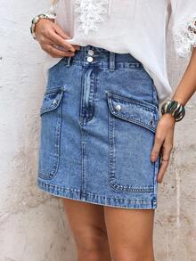 EMERY ROSE Women's Casual Pocket Button Denim Mini Skirt, Versatile For Daily Wear - Blue - View 6