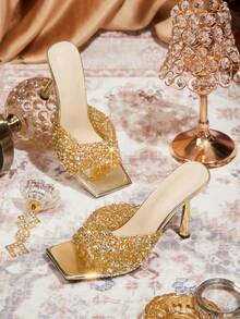 CUCCOO TILAWA High Heel Fashion Women's Rhinestone Slippers - Gold - View 1