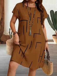EMERY ROSE Plus Size Women Line Print Round Neck Batwing Short Sleeve Casual Dress - Brown - View 6