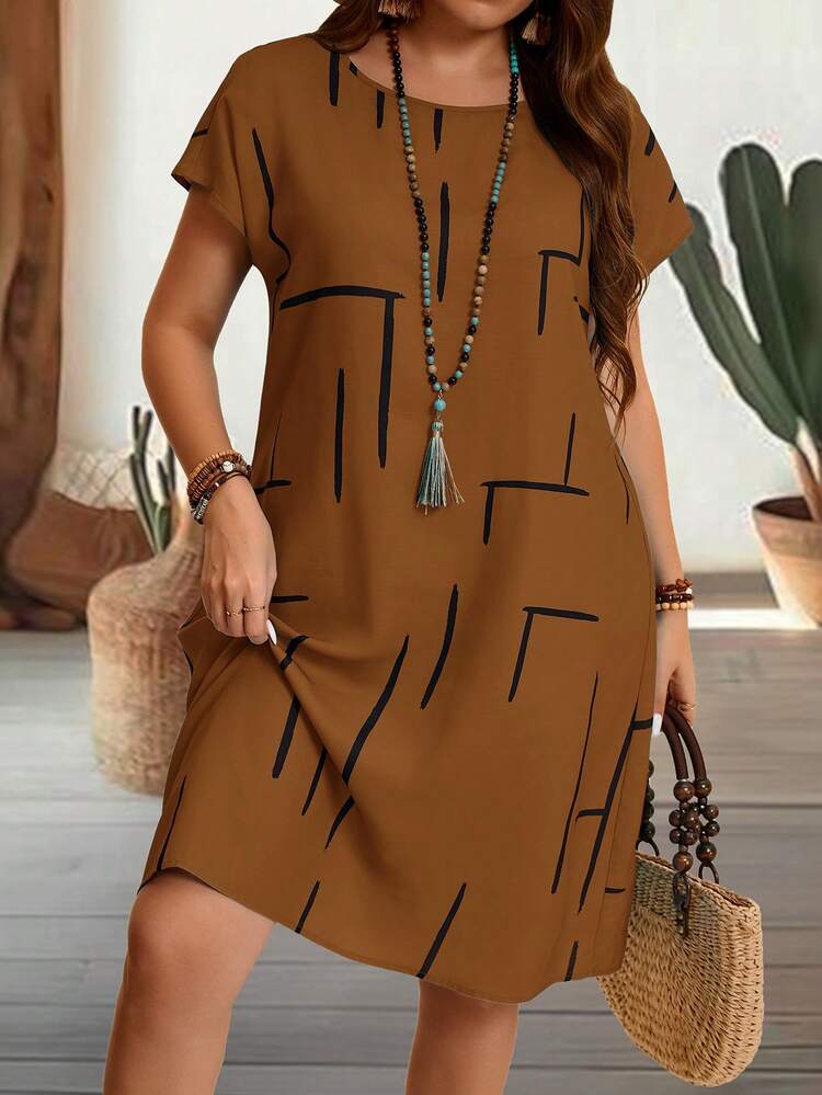 Plus Size Women Line Print Round Neck Batwing Short Sleeve Casual Dress